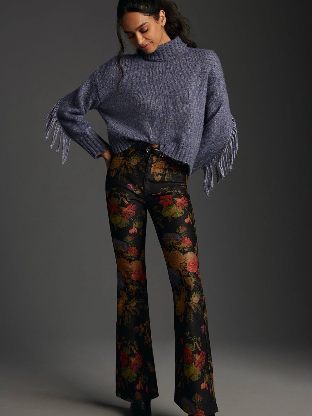 Pilcro Black Floral High-Rise Flare Floral Jeans - Picture 2 of 7